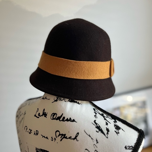 Felt Cloche Hat, Dark Brown with Mustard accent - Picture 3 of 3